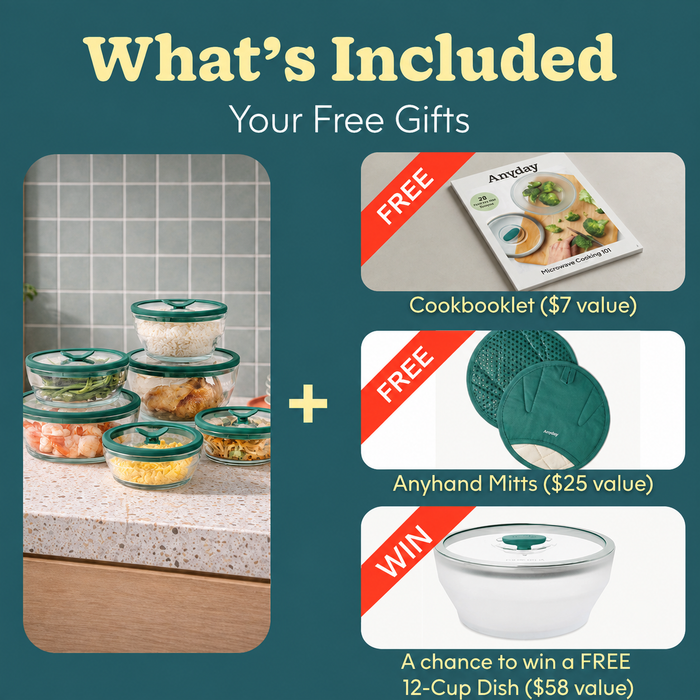 The Microplastic-Free Meal System is stacked on the counter with its distinct green lids. Beside it, images display a cookbook, matching green oven mitts, and a 12-cup glass dish set—all included as free gifts or prizes.