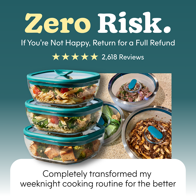Three glass containers from the 8-Piece Frosted Glass Round Dish Starter Set filled with food are stacked on the left, while two bowls with food and blue spatulas sit on the right—making this kitchen bundle both practical and stylish. Text above: Zero Risk. If you’re not happy, return for a full refund. Five stars with 2,618 reviews highlight customer satisfaction.