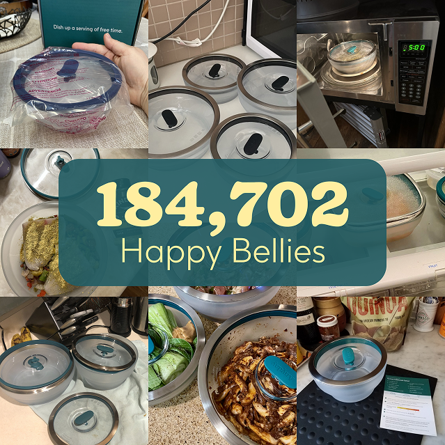 A collage of the 8-Piece Frosted Glass Round Dish Starter Set in various kitchen settings, with text overlay: 184,702 Happy Bellies. The lidded glass bowls contain different foods and are featured in microwaves, refrigerators, and on counters—perfect for any kitchen bundle or as a companion to your favorite cookbooklet.