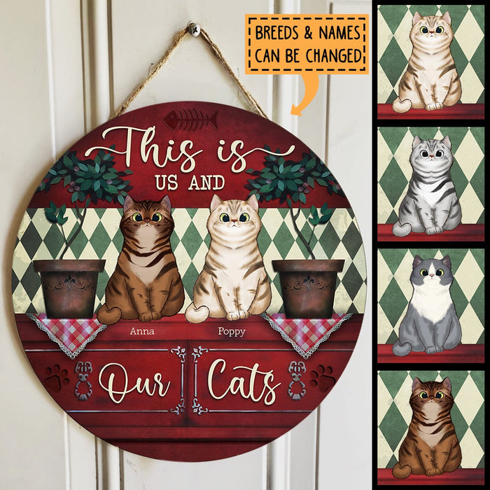 This Is Us And Our Cat - Red Wood Cabinet - Personalized Door Sign