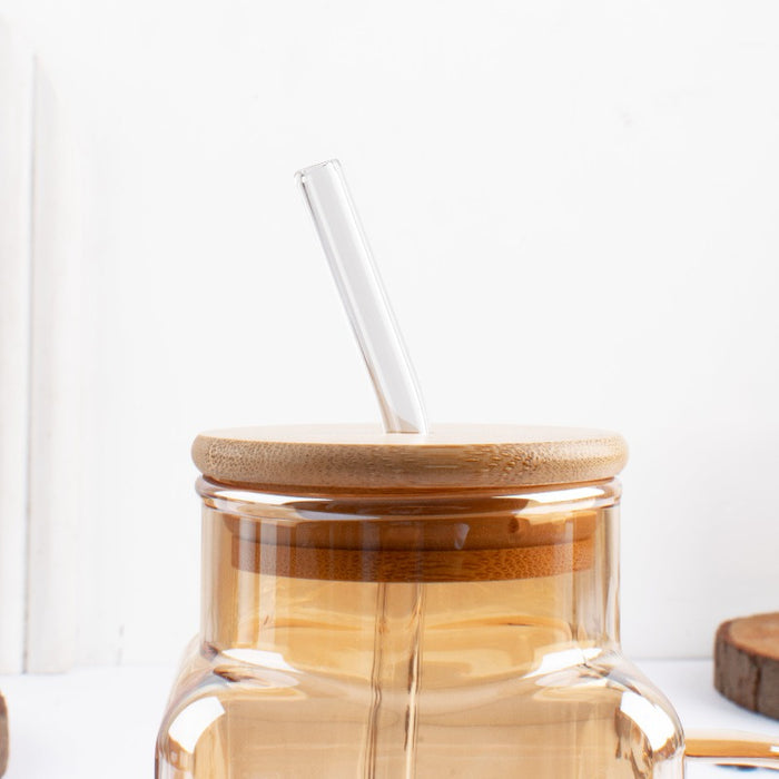 Tinted Mason Jar Style Drinking Glass (Bamboo Lid & Glass Straw)