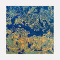 The artwork 'Tributaries' by Cynthia Sumner features a dynamic abstract composition with flowing patterns reminiscent of aerial river views. Deep cobalt blue interweaves with luminous gold and turquoise, creating organic marbled effects. The mixed media piece showcases a textural surface with intricate veining patterns, suggesting natural waterways and topographical landscapes. 36x36 inches. By Cynthia Sumner.