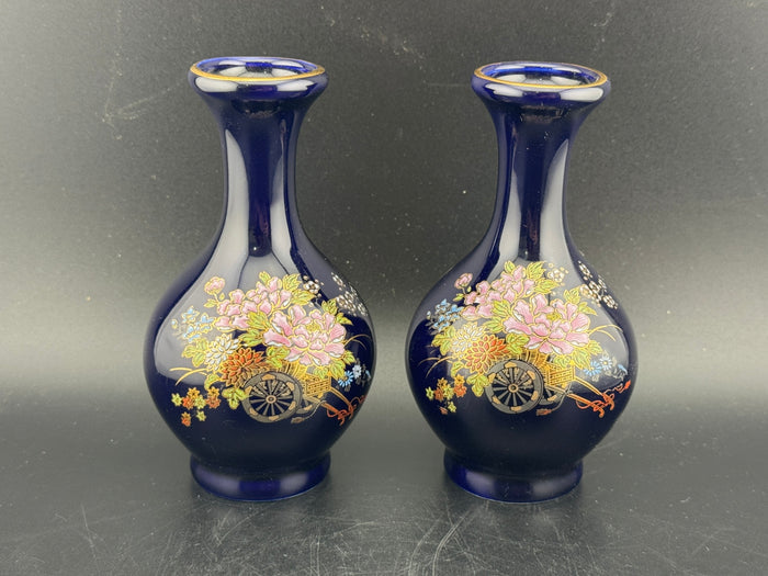 Vintage Kutani Cobalt Blue Porcelain Vase, Pair