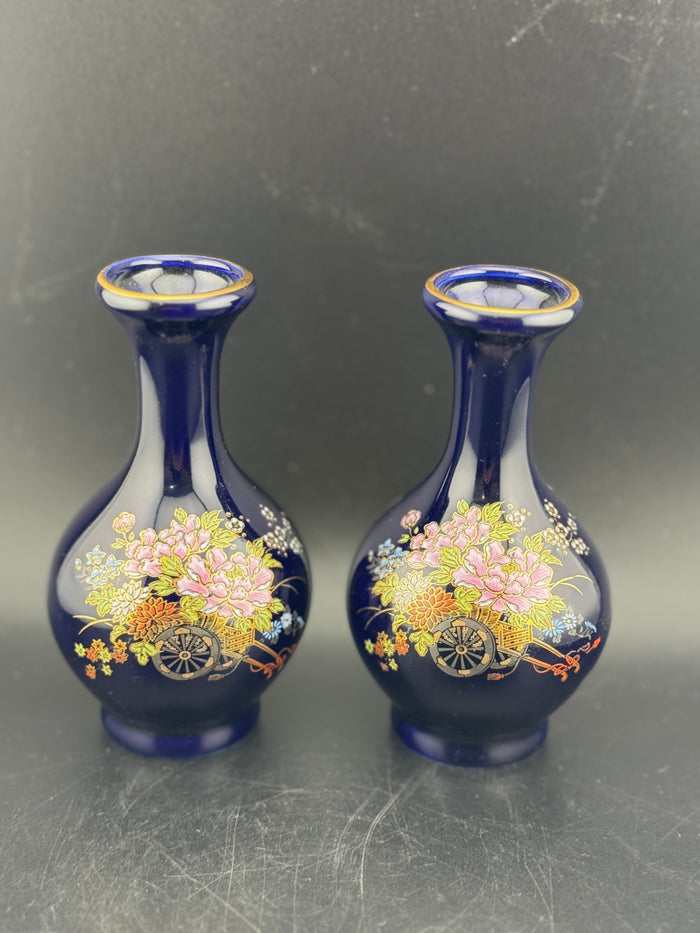 Vintage Kutani Cobalt Blue Porcelain Vase, Pair