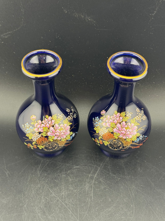 Vintage Kutani Cobalt Blue Porcelain Vase, Pair