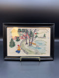 VTG Watercolor on Fabric Framed Artwork