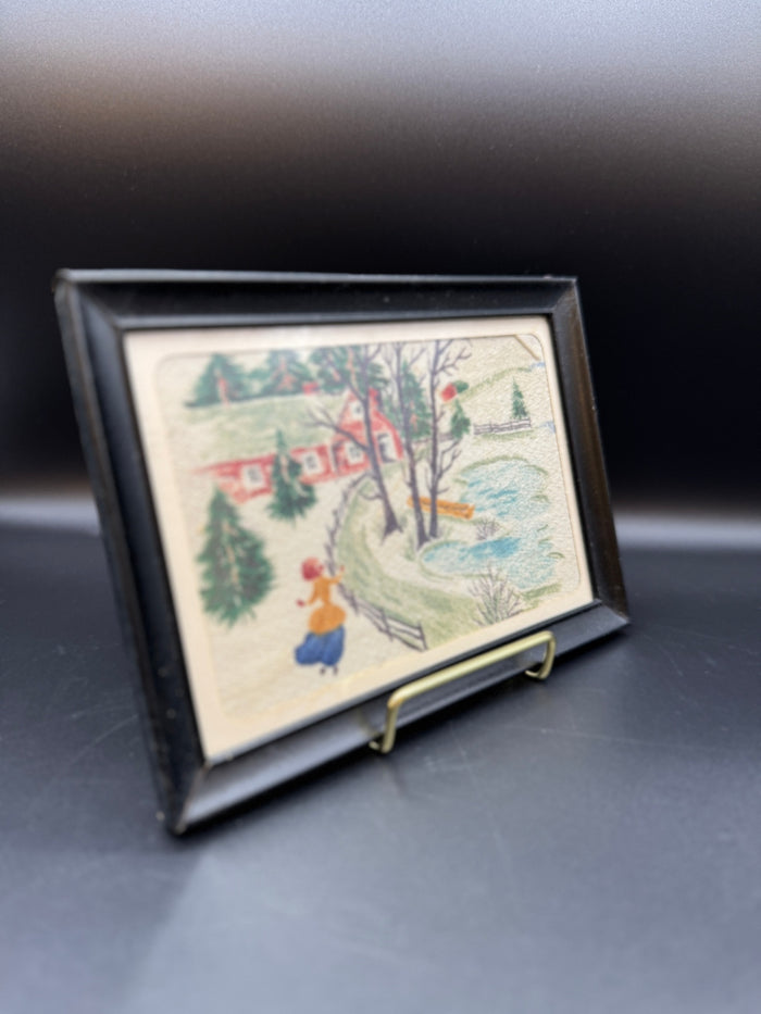 VTG Watercolor on Fabric Framed Artwork