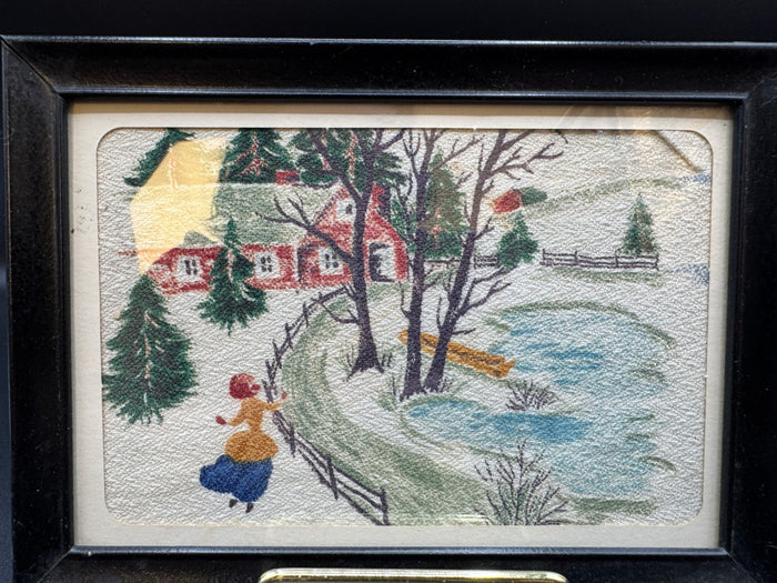 VTG Watercolor on Fabric Framed Artwork