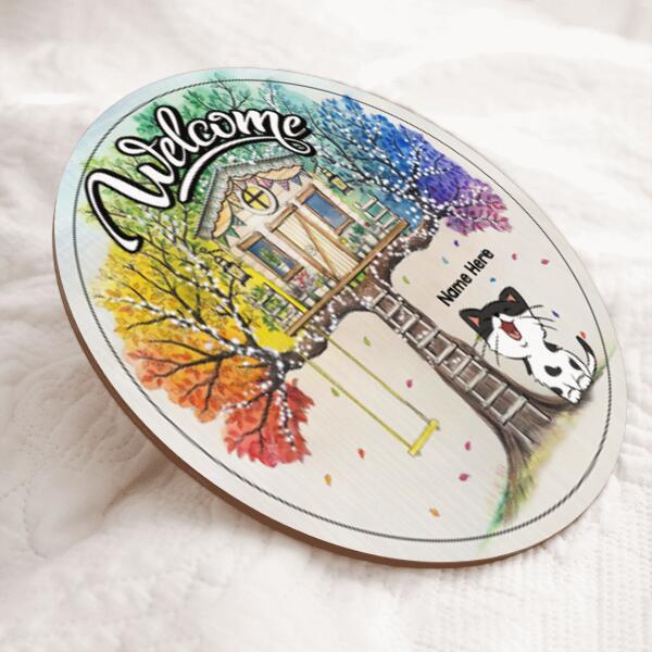 Welcome - Treehouse With Swings - Personalized Cat Door Sign