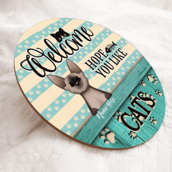 Welcome Hope You Like Cats - Yellow Blue Striped - Personalized Cat Door Sign