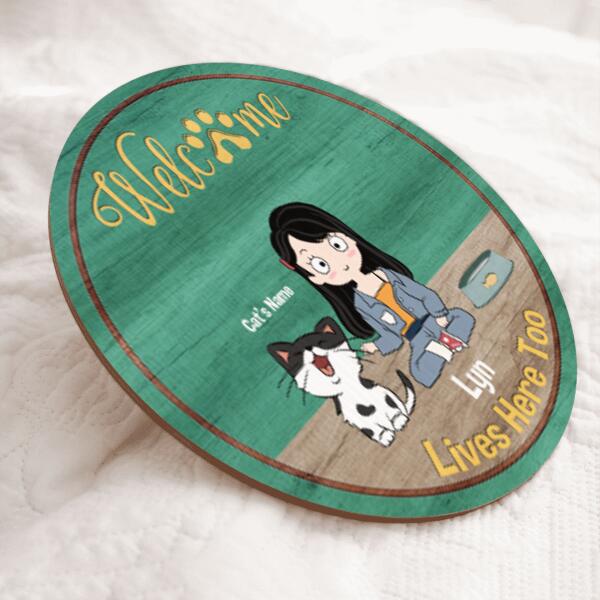 Welcome To My Room - Girl And Cats - Personalized Cat Door Sign
