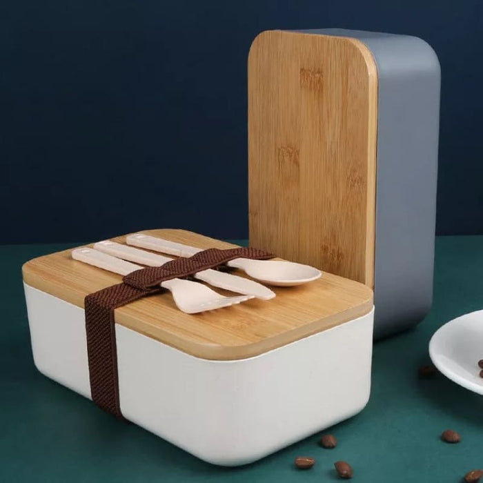 Wheat Straw Lunch Box with Wooden Lid & Cutlery Set Lunch Boxes June Trading