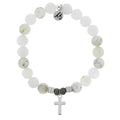 White Chalcedony Stone Bracelet with Cross Sterling Silver Charm