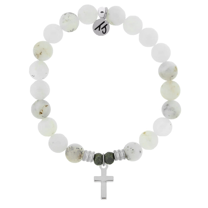White Chalcedony Stone Bracelet with Cross Sterling Silver Charm