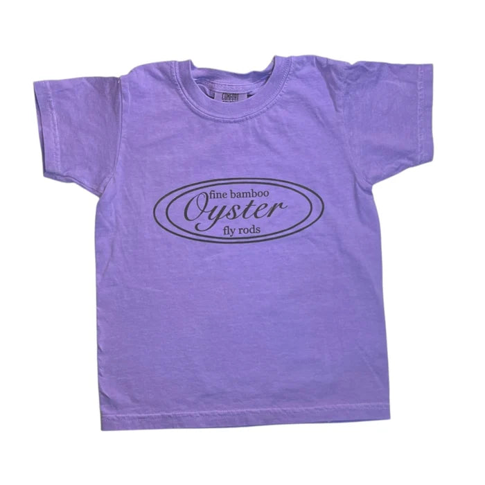 Oyster Fly Rods logo youth t-shirt in violet purple.